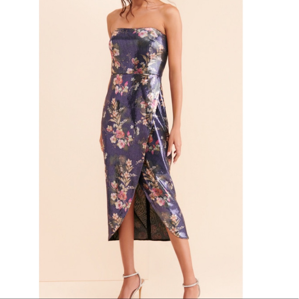 ML Monique Lhuillier Strapless Floral Sequin Midi Dress Size 10 EUC